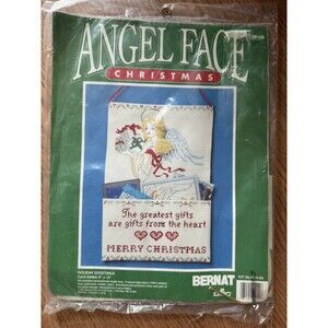 Vintage Bernat Angel Face Holiday Greetings Card Holder Counted Cross Stitch Kit